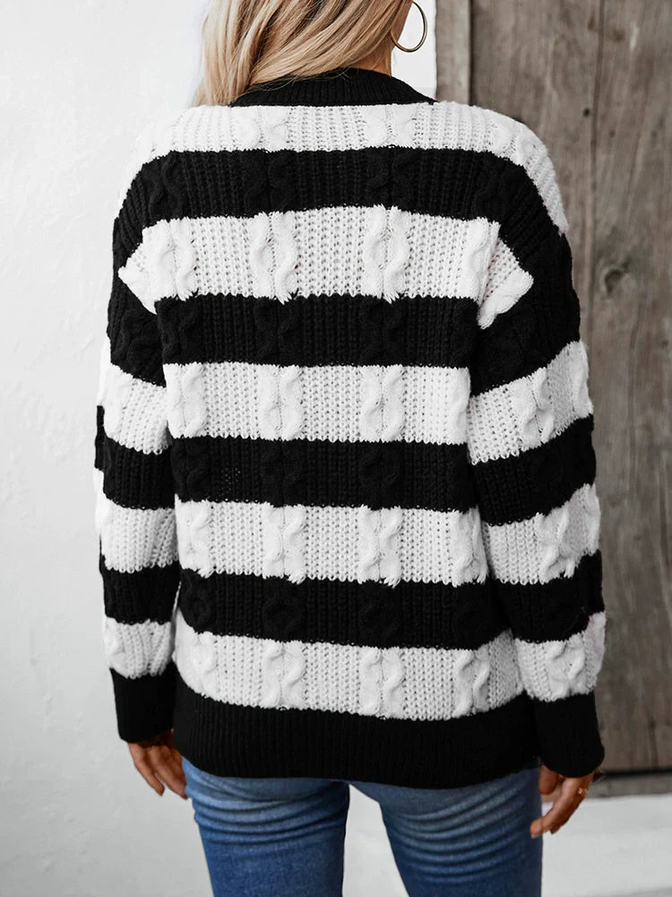 Women's Striped Loose Crew Neck Cable Sweater