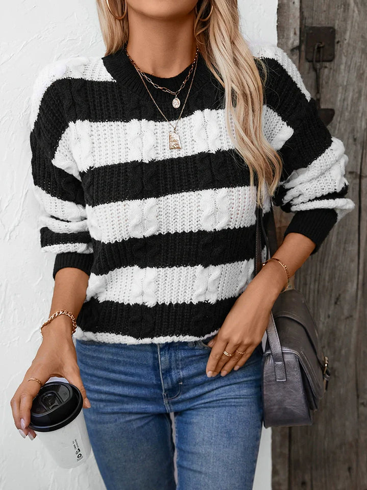 Women's Striped Loose Crew Neck Cable Sweater