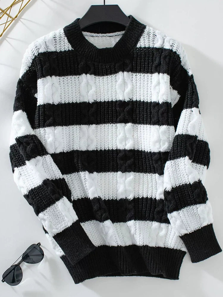 Women's Striped Loose Crew Neck Cable Sweater