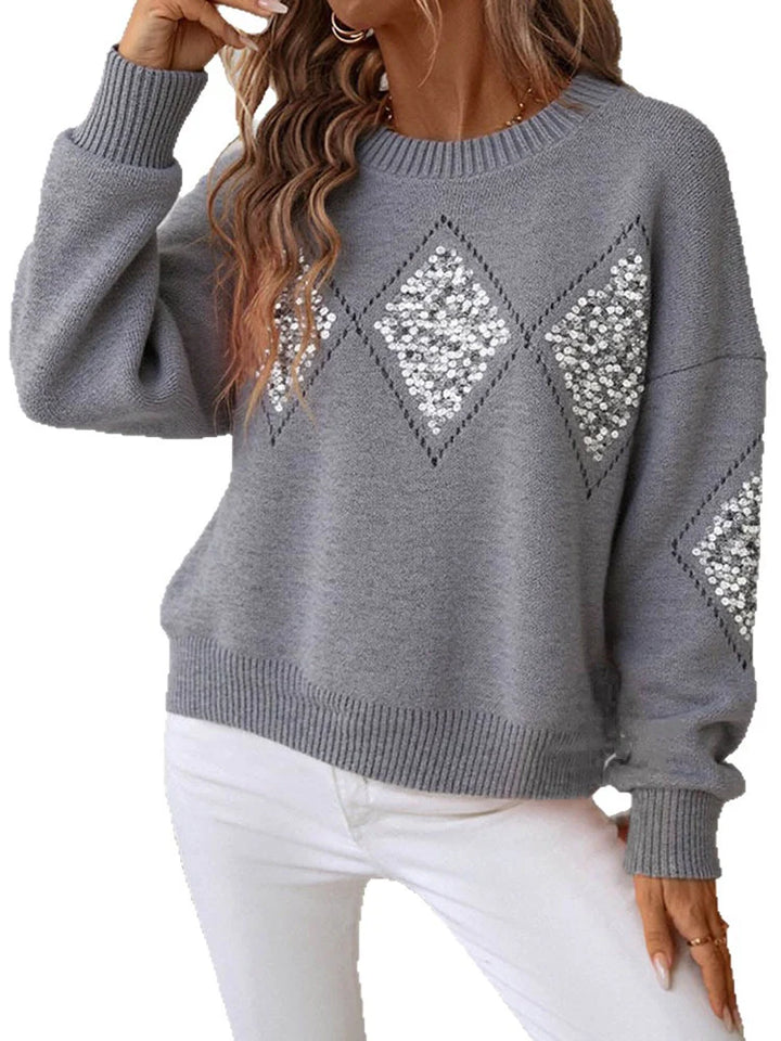 Womens Crew Neck Hollow Out Knit Sweaters  Sequin Pullover Tops