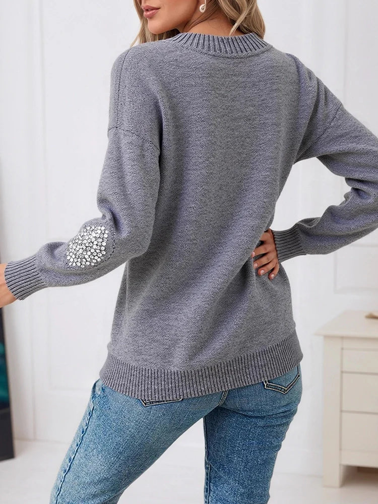 Womens Crew Neck Hollow Out Knit Sweaters  Sequin Pullover Tops