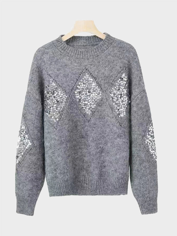 Womens Crew Neck Hollow Out Knit Sweaters  Sequin Pullover Tops