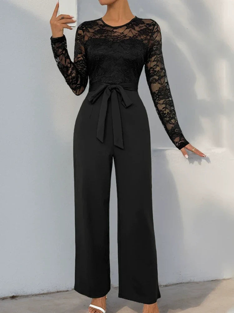 Women's Solid Color Lace-Up Jumpsuit